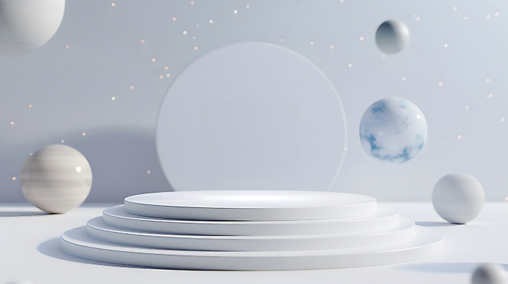 JPG 편집이미지 디자인 하늘색 미래 밝음 사람없음 장식 3D 모형 우주 행성 원형 우주선 창의성 포디움 SF 편집3D AI컴퓨터그래픽 AI콘텐츠 도형 컨셉 파란색 무대 디지털합성 파일형식