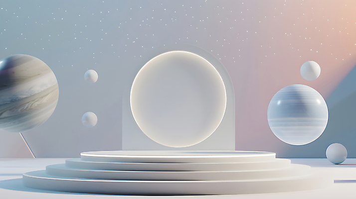 JPG 편집이미지 디자인 하늘색 미래 밝음 사람없음 장식 빛 3D 모형 우주 행성 원형 우주선 창의성 포디움 SF 편집3D AI컴퓨터그래픽 AI콘텐츠 도형 컨셉 파란색 무대 디지털합성 파일형식