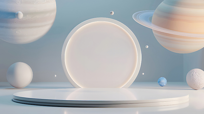 JPG 편집이미지 디자인 하늘색 미래 밝음 사람없음 장식 3D 모형 우주 행성 원형 우주선 창의성 포디움 SF 편집3D AI컴퓨터그래픽 AI콘텐츠 도형 컨셉 파란색 무대 디지털합성 파일형식