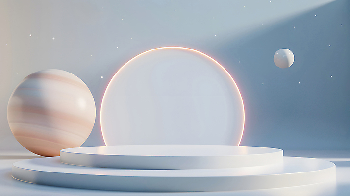 JPG 편집이미지 디자인 하늘색 미래 밝음 사람없음 장식 빛 3D 모형 우주 행성 원형 우주선 창의성 포디움 SF 편집3D AI컴퓨터그래픽 AI콘텐츠 도형 컨셉 파란색 무대 디지털합성 파일형식