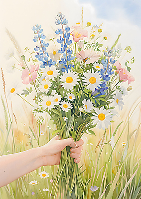 JPG 손 꽃다발 일러스트 선물 들기 초원 신체부위 연두색 들꽃 풀 그림 국내일러스트 AI일러스트 AI콘텐츠 식물 꽃 모션 사람 초록색 파일형식