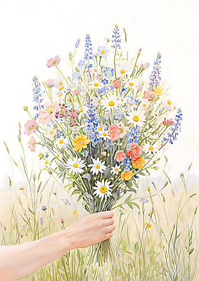 JPG 손 꽃다발 일러스트 선물 들기 초원 신체부위 연두색 들꽃 풀 그림 국내일러스트 AI일러스트 AI콘텐츠 식물 꽃 모션 사람 초록색 파일형식