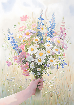 JPG 손 꽃다발 일러스트 선물 들기 초원 신체부위 연두색 들꽃 풀 그림 국내일러스트 AI일러스트 AI콘텐츠 식물 꽃 모션 사람 초록색 파일형식