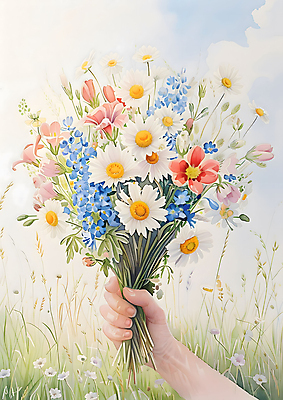 JPG 손 꽃다발 일러스트 선물 들기 초원 신체부위 연두색 들꽃 풀 그림 국내일러스트 AI일러스트 AI콘텐츠 식물 꽃 모션 사람 초록색 파일형식