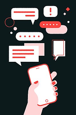 손 말풍선 일러스트 커뮤니케이션 들기 신체부위 빨간색 스마트폰 디지털 검은색 메시지 느낌표 알림 소셜미디어 채팅 국내일러스트 AI파일 기호 컬러 모션 사람 핸드폰 스마트기기 파일형식 벡터