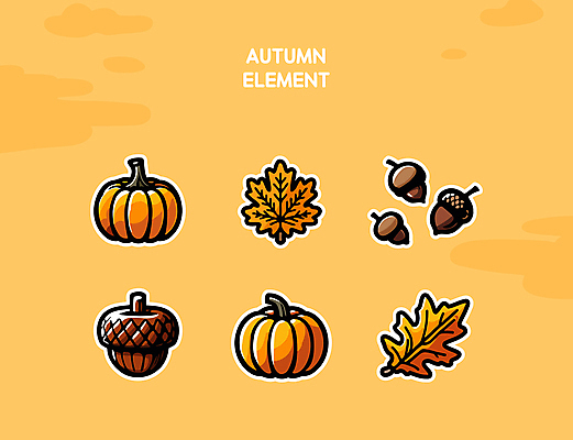 단풍 스티커 낙엽 일러스트 호박 나뭇잎 사람없음 세트 주황색 가을 도토리 엘리먼트 국내일러스트 AI파일 계절 컬러 잎 채소 견과류 파일형식 벡터