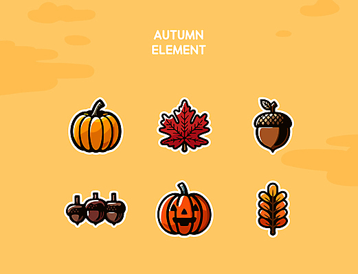 단풍 스티커 낙엽 일러스트 호박 나뭇잎 사람없음 세트 주황색 가을 도토리 엘리먼트 잭오랜턴 국내일러스트 AI파일 계절 컬러 잎 채소 할로윈 견과류 파일형식 벡터