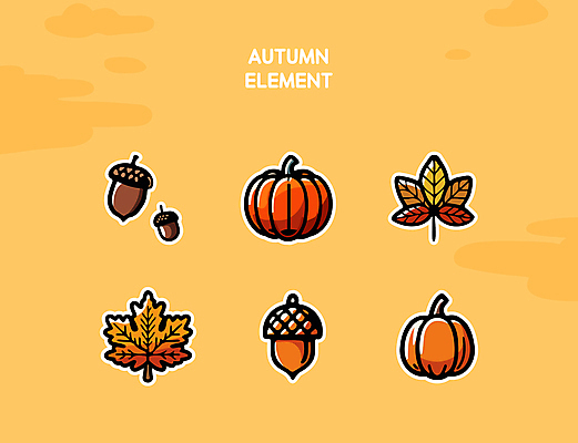 단풍 스티커 낙엽 일러스트 호박 나뭇잎 사람없음 세트 주황색 가을 도토리 엘리먼트 국내일러스트 AI파일 계절 컬러 잎 채소 견과류 파일형식 벡터