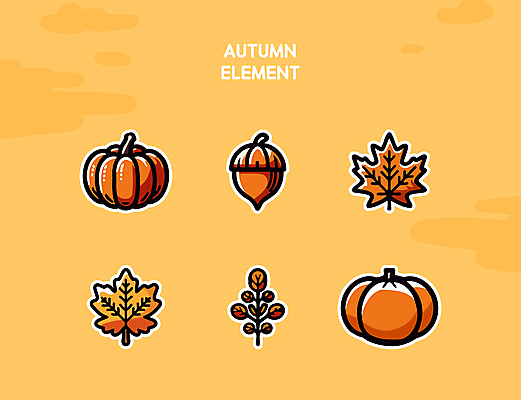 단풍 스티커 낙엽 일러스트 호박 나뭇잎 사람없음 세트 주황색 가을 도토리 엘리먼트 국내일러스트 AI파일 계절 컬러 잎 채소 견과류 파일형식 벡터
