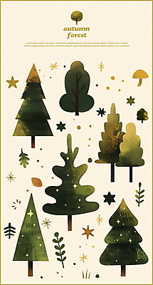 PSD 나무 별 스티커 낙엽 일러스트 수채화 사람없음 초록색 가을 풀잎 베이지색 엘리먼트 국내일러스트 자연요소 식물 계절 컬러 잎 풀_식물 파일형식