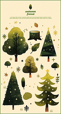 PSD 나무 별 스티커 낙엽 일러스트 수채화 사람없음 초록색 가을 나무밑둥 베이지색 엘리먼트 국내일러스트 자연요소 식물 계절 컬러 잎 파일형식
