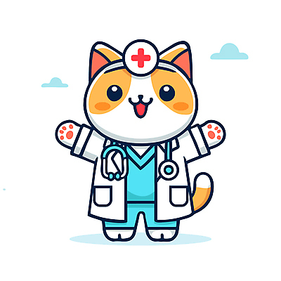캐릭터 일러스트 청진기 팔벌리기 미소 웃음 사람없음 치료 귀여움 고양이 의사가운 고양이캐릭터 동물병원 적십자 수의사 일러캐릭터 AI파일 동물캐릭터 컨셉 포유류 의학 의료기기 모션 표정 병원 반려동물 의사 가운 파일형식 벡터