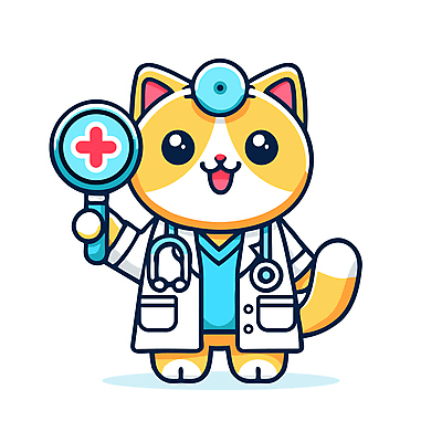 캐릭터 일러스트 청진기 돋보기 미소 웃음 들기 사람없음 치료 귀여움 고양이 의사가운 고양이캐릭터 동물병원 적십자 수의사 일러캐릭터 AI파일 동물캐릭터 컨셉 포유류 의학 의료기기 모션 표정 병원 반려동물 의사 가운 파일형식 벡터