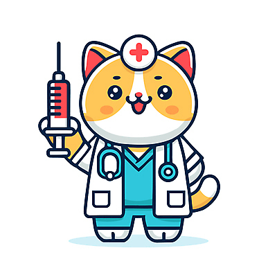 캐릭터 일러스트 청진기 주사기 미소 웃음 들기 사람없음 치료 약 귀여움 고양이 의사가운 고양이캐릭터 동물병원 적십자 수의사 일러캐릭터 AI파일 동물캐릭터 컨셉 포유류 의학 의료기기 모션 표정 병원 반려동물 의사 가운 파일형식 벡터
