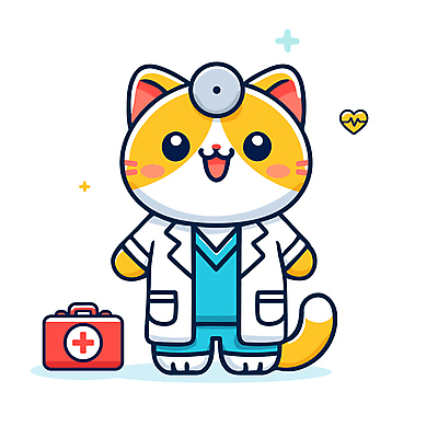 캐릭터 일러스트 청진기 미소 웃음 사람없음 치료 귀여움 고양이 의사가운 맥박 구급상자 고양이캐릭터 동물병원 적십자 수의사 일러캐릭터 AI파일 동물캐릭터 컨셉 포유류 의학 의료기기 표정 병원 반려동물 의사 의료용품 가운 파일형식 벡터