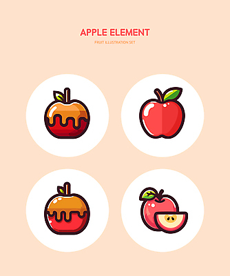 잎 일러스트 단면 사탕 사람없음 빨간색 달콤 사과 엘리먼트 캔디애플 캐러멜 맛있는 국내일러스트 AI파일 식물 컬러 과일 디저트 맛 파일형식 벡터