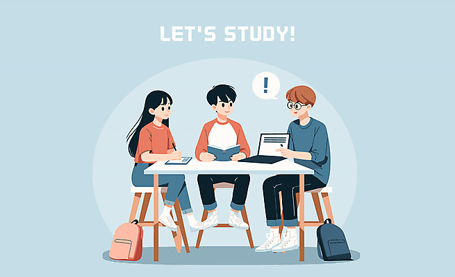 전신 여자 교육 남자 하늘색 의자 일러스트 협력 앉기 청년 성인 책 세명 친구 노트북 스터디 태블릿 모임 구직 토론 책상 백팩 보여주기 성인만 국내일러스트 AI파일 가구 컨셉 가방 관계 모션 사람 파란색 전자제품 스마트기기 학습 파일형식 벡터