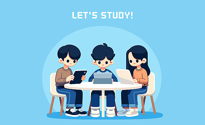 전신 여자 교육 남자 하늘색 의자 일러스트 협력 앉기 청년 성인 세명 친구 스터디 태블릿 모임 구직 책상 성인만 국내일러스트 AI파일 가구 컨셉 관계 모션 사람 파란색 전자제품 스마트기기 학습 파일형식 벡터