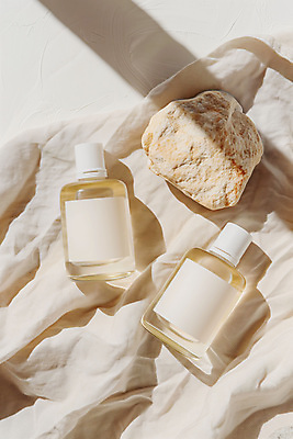 JPG 편집이미지 그림자 사람없음 햇빛 화장 뷰티 화장품 돌_바위 천 스킨 스킨케어 공병 베이지색 목업 편집실사 AI포토 AI콘텐츠 컬러 태양 직물 CG 병_담는 파일형식