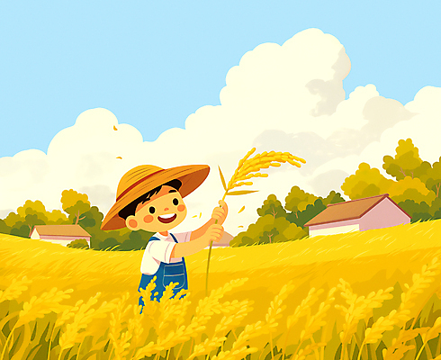 JPG 구름 남자 어린이 농업 일러스트 하늘 주택 한명 들기 풍경 소년 상반신 노란색 농사 수확 추수 벼 쌀 가을 농촌 시골 농부 유기농 밀짚모자 입추 논밭 풍요 소년한명만 국내일러스트 AI일러스트 AI콘텐츠 자연요소 직업 모자_잡화 1 웰빙 계절 산업 컬러 컨셉 밭 모션 곡류 논 사람 건물 절기 남자한명만 소년만 파일형식