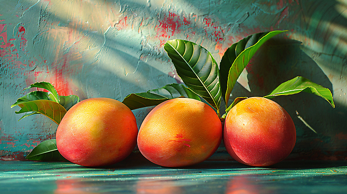 JPG 편집이미지 잎 그림자 사람없음 햇빛 반사 청록색 시멘트벽 망고 애플망고 편집실사 AI포토 AI콘텐츠 식물 벽 컬러 태양 CG 열대과일 파일형식