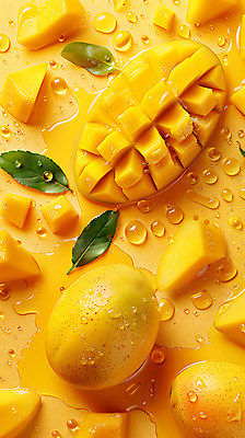 JPG 편집이미지 조각 잎 단면 사람없음 노란색 물방울 웅덩이 망고 애플망고 편집실사 AI포토 AI콘텐츠 식물 컬러 CG 열대과일 파일형식