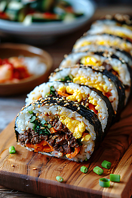 JPG 편집이미지 음식 반찬 사람없음 디지털합성 김밥 나무접시 집밥 편집실사 AI포토 AI콘텐츠 접시 CG 파일형식