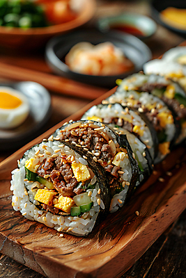 JPG 편집이미지 음식 반찬 사람없음 디지털합성 김밥 나무접시 집밥 편집실사 AI포토 AI콘텐츠 접시 CG 파일형식