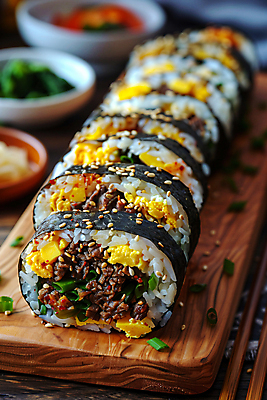 JPG 편집이미지 음식 반찬 사람없음 디지털합성 김밥 나무접시 집밥 편집실사 AI포토 AI콘텐츠 접시 CG 파일형식