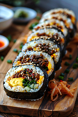 JPG 편집이미지 음식 반찬 사람없음 디지털합성 김밥 나무접시 집밥 편집실사 AI포토 AI콘텐츠 접시 CG 파일형식