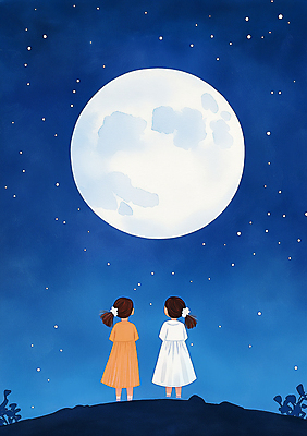 JPG 전신 여자 어린이 일러스트 밤하늘 동화 소녀 두명 파란색 우주 보름달 한복 신비 달맞이 몽환 소녀만 국내일러스트 AI일러스트 AI콘텐츠 한국전통 컬러 컨셉 하늘 사람 달 야간 전통의상 여자만 어린이만 파일형식