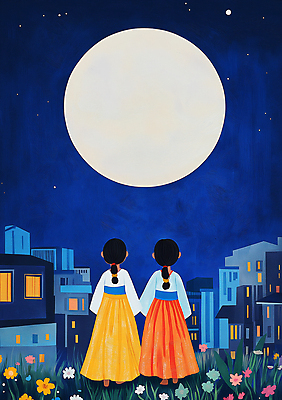 JPG 전신 여자 어린이 일러스트 밤하늘 동화 소녀 빌딩 두명 건물 파란색 우주 손잡기 보름달 도시 한복 신비 달맞이 몽환 소녀만 국내일러스트 AI일러스트 AI콘텐츠 한국전통 건축물 컬러 컨셉 모션 하늘 사람 달 야간 전통의상 여자만 어린이만 파일형식
