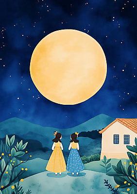 JPG 전신 여자 어린이 일러스트 밤하늘 동화 산 한옥 소녀 두명 파란색 검은색 꿈 보름달 한복 신비 달맞이 몽환 소녀만 국내일러스트 AI일러스트 AI콘텐츠 한국전통 컬러 컨셉 고건축 하늘 사람 달 야간 전통의상 여자만 어린이만 파일형식