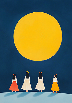 JPG 전신 여자 어린이 일러스트 밤하늘 동화 그림자 소녀 여러명 파란색 우주 보름달 한복 신비 달맞이 몽환 소녀만 국내일러스트 AI일러스트 AI콘텐츠 한국전통 컬러 다수 컨셉 하늘 사람 달 야간 전통의상 여자만 어린이만 파일형식