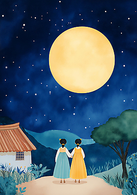 JPG 전신 여자 어린이 일러스트 밤하늘 동화 한옥 소녀 두명 파란색 손잡기 검은색 꿈 보름달 한복 신비 달맞이 몽환 소녀만 국내일러스트 AI일러스트 AI콘텐츠 한국전통 컬러 컨셉 고건축 모션 하늘 사람 달 야간 전통의상 여자만 어린이만 파일형식