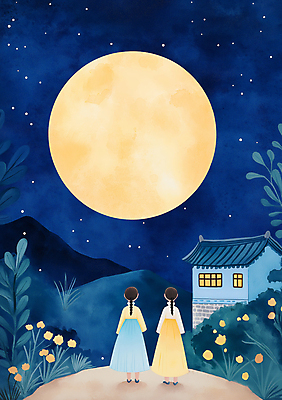 JPG 전신 여자 어린이 일러스트 밤하늘 동화 산 소녀 두명 파란색 우주 보름달 한복 신비 달맞이 몽환 소녀만 국내일러스트 AI일러스트 AI콘텐츠 한국전통 컬러 컨셉 하늘 사람 달 야간 전통의상 여자만 어린이만 파일형식