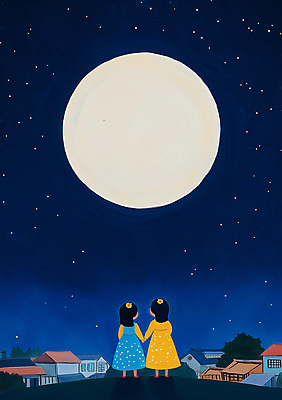 JPG 전신 여자 어린이 일러스트 밤하늘 동화 한옥 소녀 두명 파란색 우주 손잡기 보름달 한복 신비 달맞이 몽환 소녀만 국내일러스트 AI일러스트 AI콘텐츠 한국전통 컬러 컨셉 고건축 모션 하늘 사람 달 야간 전통의상 여자만 어린이만 파일형식