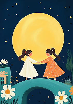 JPG 전신 여자 꽃 어린이 일러스트 밤하늘 동화 소녀 두명 파란색 손잡기 검은색 꿈 보름달 한복 신비 달맞이 가교 몽환 소녀만 국내일러스트 AI일러스트 AI콘텐츠 식물 한국전통 건축물 컬러 컨셉 모션 하늘 사람 달 야간 전통의상 여자만 어린이만 파일형식