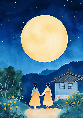 JPG 전신 여자 어린이 일러스트 밤하늘 동화 한옥 소녀 두명 파란색 우주 손잡기 보름달 한복 신비 달맞이 몽환 소녀만 국내일러스트 AI일러스트 AI콘텐츠 한국전통 컬러 컨셉 고건축 모션 하늘 사람 달 야간 전통의상 여자만 어린이만 파일형식