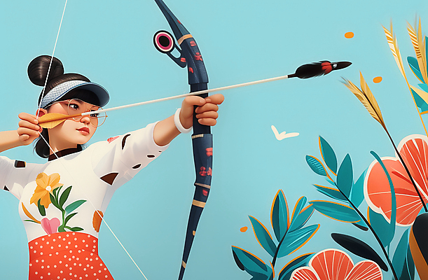 JPG 전신 여자 꽃 스포츠 올림픽 일러스트 화살 운동선수 한명 미소 들기 성인 운동 경기장 에너지 집중 활 양궁 활기 양궁선수 국내일러스트 AI일러스트 AI콘텐츠 식물 1 컨셉 스포츠시설 모션 표정 건강 사람 파일형식