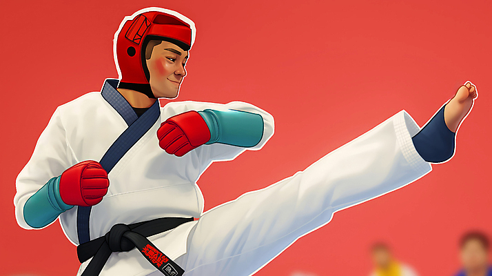 JPG 전신 남자 스포츠 올림픽 일러스트 운동선수 한명 경기 성인 빨간색 운동 에너지 킥 집중 태권도 태권도복 태권도선수 성인남자한명만 국내일러스트 AI일러스트 AI콘텐츠 1 컬러 컨셉 모션 건강 도복 사람 격투기 남자한명만 성인남자만 파일형식