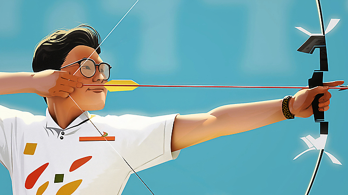 JPG 남자 스포츠 올림픽 일러스트 화살 운동선수 한명 미소 들기 성인 파란색 운동 경기장 에너지 집중 활 양궁 활기 양궁선수 성인남자한명만 안경낌 국내일러스트 AI일러스트 AI콘텐츠 1 안경 컬러 컨셉 스포츠시설 모션 표정 건강 사람 남자한명만 성인남자만 파일형식