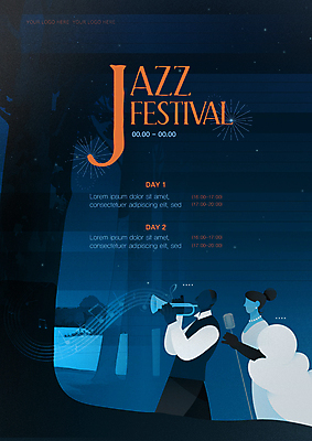 템플릿 여자 남자 포스터 음악 상반신 성인 두명 파란색 콘서트 공연 연주자 숲 악보 트럼펫 재즈 음악축제 재즈가수 성인만 가을축제 이미지템플릿 AI파일 컬러 문화예술 사람 이벤트 축제 음악가 가수 금관악기 파일형식 벡터 가을_계절