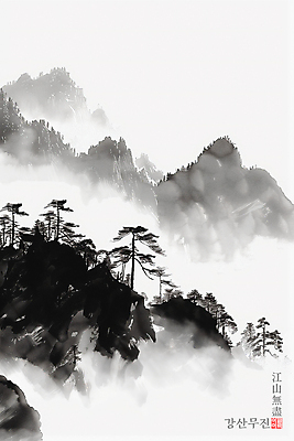 PSD 나무 일러스트 산 흑백 사람없음 안개 동양화 국내일러스트 식물 날씨 촬영기법 미술 파일형식