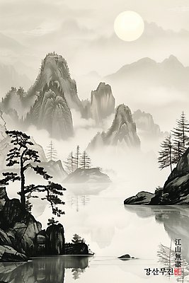 PSD 나무 일러스트 산 흑백 사람없음 강 태양 안개 동양화 국내일러스트 자연요소 식물 날씨 촬영기법 미술 파일형식