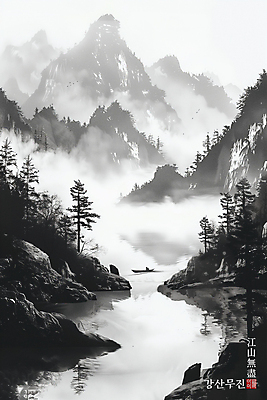 PSD 나무 일러스트 산 흑백 한명 성인 강 안개 나룻배 동양화 성인한명만 국내일러스트 식물 1 배_교통 날씨 촬영기법 미술 사람 성인만 파일형식
