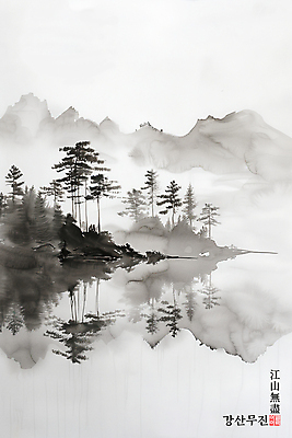 PSD 나무 일러스트 산 흑백 사람없음 강 안개 동양화 국내일러스트 식물 날씨 촬영기법 미술 파일형식