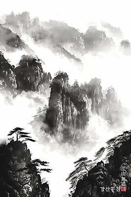 PSD 나무 일러스트 산 흑백 사람없음 안개 동양화 국내일러스트 식물 날씨 촬영기법 미술 파일형식