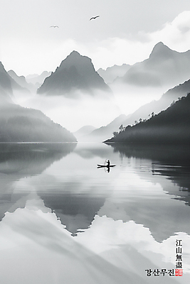 PSD 나무 일러스트 산 흑백 한명 성인 강 반사 안개 나룻배 동양화 성인한명만 국내일러스트 식물 1 배_교통 날씨 촬영기법 미술 사람 성인만 파일형식