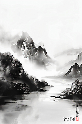 PSD 나무 일러스트 산 흑백 사람없음 강 안개 동양화 국내일러스트 식물 날씨 촬영기법 미술 파일형식